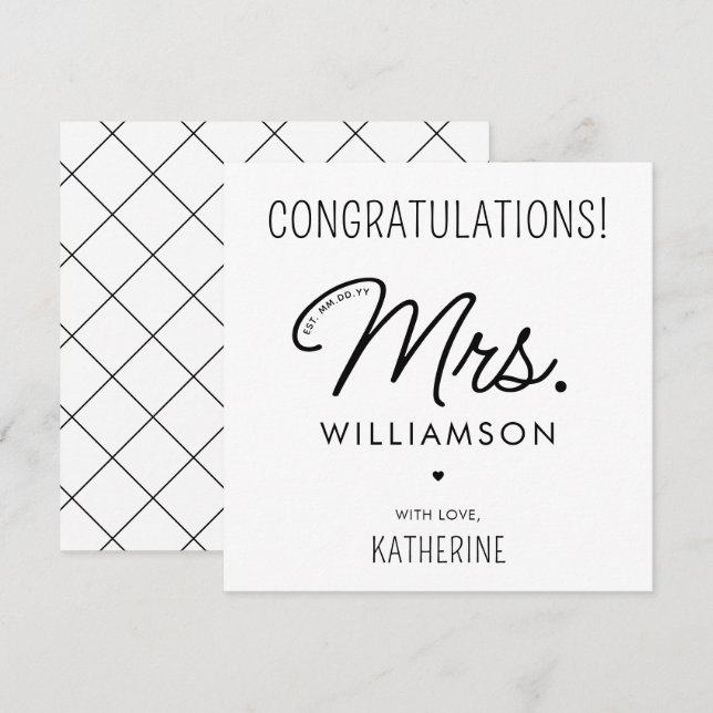 Custom Mrs. Est. Modern Newlywed Congratulations Card (Front/Back)
