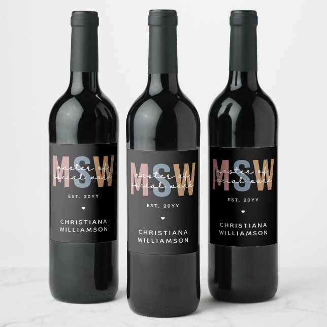 Custom MSW Master of Social Work Retro Graduation Wine Label (Bottles)