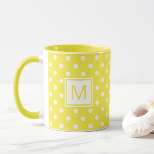 Custom Mug White Polkadots Art On Bright Yellow (With Donut)