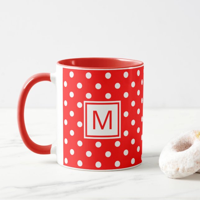 Custom Mug With White Polkadots Art On Bright Red (With Donut)