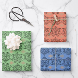 Custom Multi-Patterned Med Damask Lotus Flower 3 Wrapping Paper Sheet