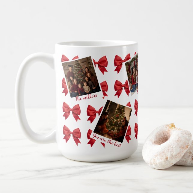 Custom Multi-Photo Christmas Mug with Red Bows (With Donut)