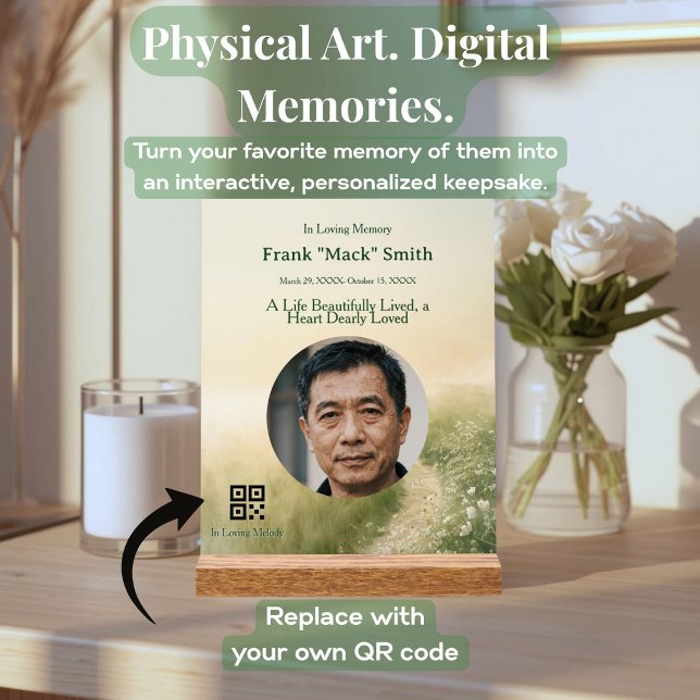Custom Multimedia Memorial Personalised Photo Acrylic Sign (Personalized wildflower memorial acrylic with custom photo and scannable music link.)