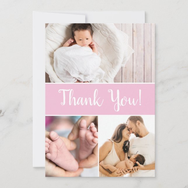  Custom Multiple Photos Baby Girl Shower Pink Thank You Card (Front)