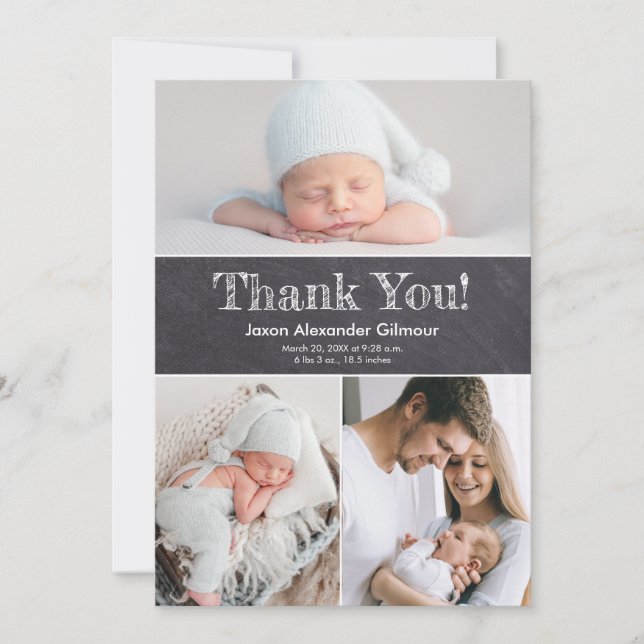 Custom Multiple Photos Chalkboard Baby Boy Shower  Thank You Card (Front)