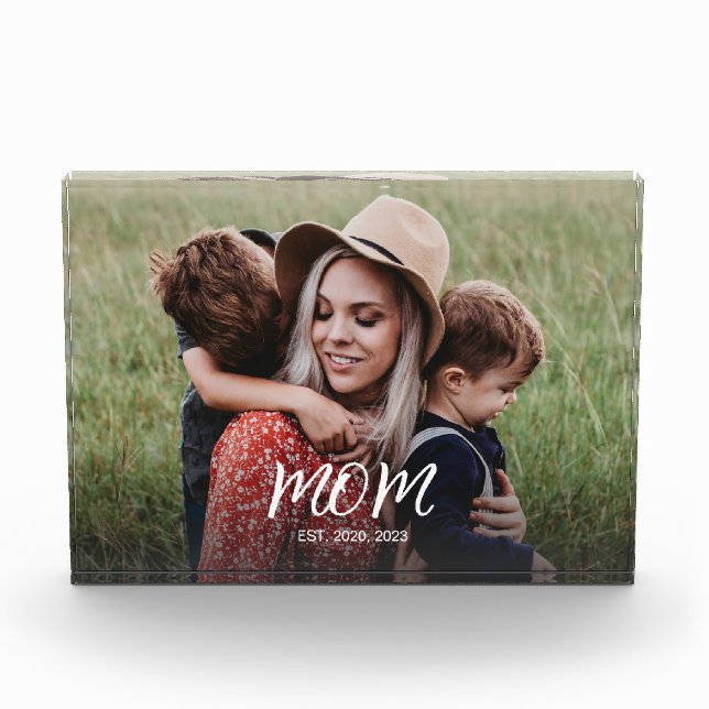 Custom Mum Established Modern Script Photo Block (Front)