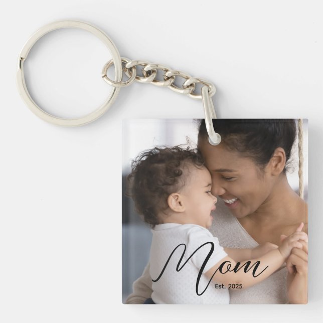 Custom Mum Established Modern Script Photo Key Ring (Front)