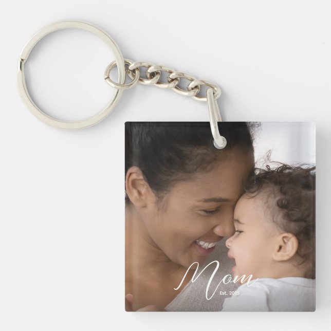 Custom Mum Established Modern Script Photo Key Ring (Front)