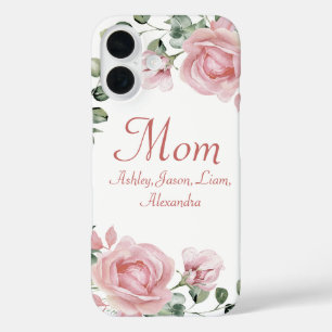 Custom Mum Pink Roses Floral 4 to 8 Kids Names iPhone 16 Case
