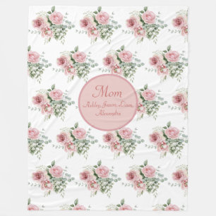 Custom Mum Pink Roses Floral 4 to 8 Kids Names Fleece Blanket
