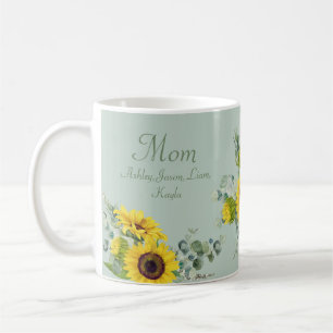 Custom Mum Sunflower Floral 4 to 8 Kids Names Coffee Mug