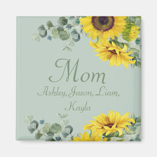 Custom Mum Sunflower Floral 4 to 8 Kids Names Magnet
