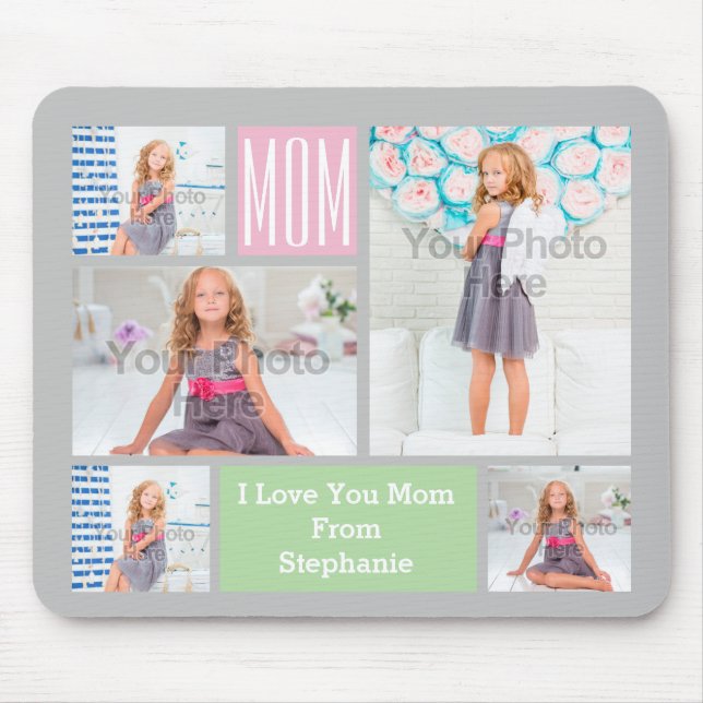 Custom Mum's Photo Collage Pink/Green/Grey Mouse Mat (Front)