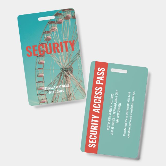 Custom Music Festival Concert Event Security Red ID Badge (Front & Back)