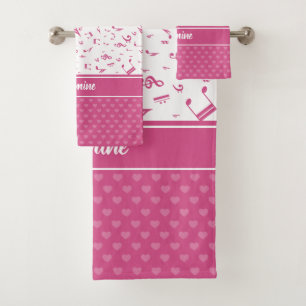 Custom Music Notes and Hearts Pattern Pink Bath Towel Set