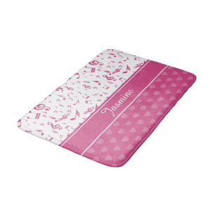 Custom Music Notes and Hearts Pattern Pink White Bath Mat