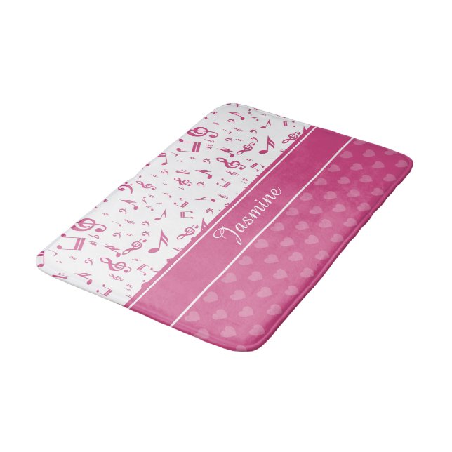 Custom Music Notes and Hearts Pattern Pink White Bath Mat (Angled)