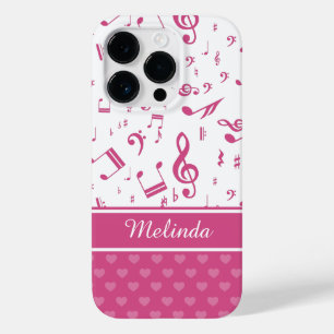Custom Music Notes and Hearts Pattern Pink White Case-Mate iPhone 14 Pro Case