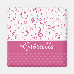 Custom Music Notes and Hearts Pattern Pink White Magnet
