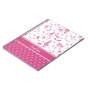 Custom Music Notes and Hearts Pattern Pink White Notebook