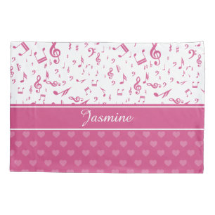 Custom Music Notes and Hearts Pattern Pink White Pillowcase