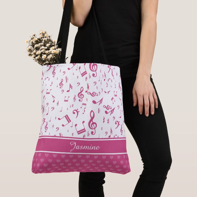 Custom Music Notes and Hearts Pattern Pink White Tote Bag (Close Up)