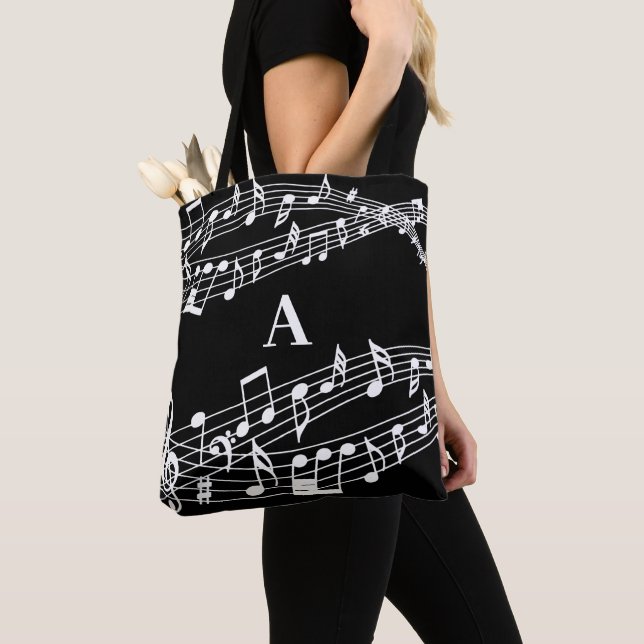 Custom Music Notes Monogram Black and White Tote Bag (Close Up)