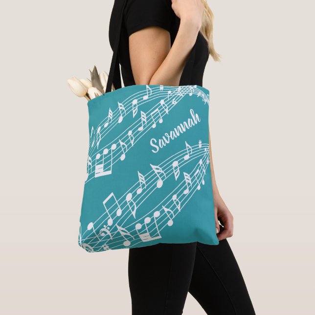 Custom Music Notes Name Teal or Your Colour Tote Bag (Close Up)