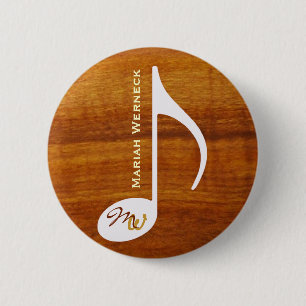 custom musical note on faux wood 6 cm round badge