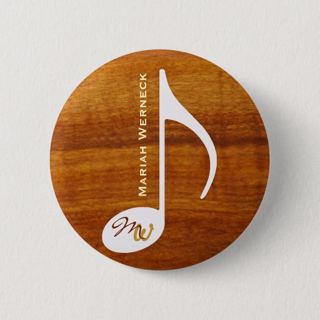 custom musical note on faux wood 6 cm round badge (Front)
