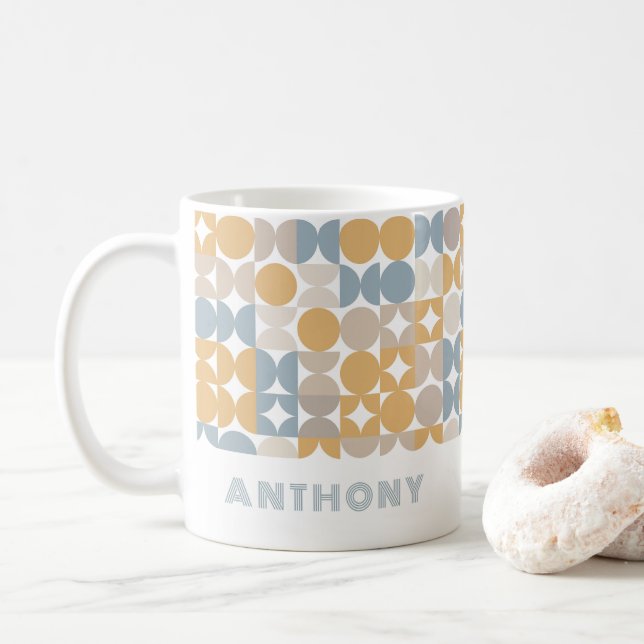 Custom Mustard Taupe Grey Blue Hip Art Pattern Coffee Mug (With Donut)