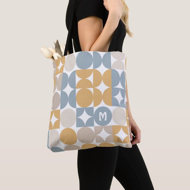 Custom Mustard Taupe Grey Blue Retro Art Pattern Tote Bag (Close Up)