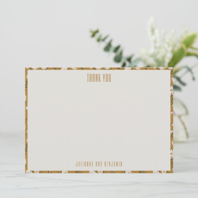 Custom Mustard Yellow Daisy Flowers Wedding Names Thank You Card (Standing Front)