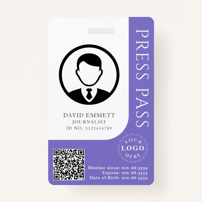 Custom Muted Purple Press Pass with Editable Deta ID Badge (Front)