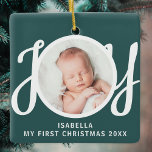 Custom My First Christmas Photo Green Keepsake Ceramic Ornament<br><div class="desc">This cute Baby's First Christmas Photo Ornament is decorated with the word JOY in stylish script typography on a green background.
Easily customisable with your photo,  name,  and year.</div>