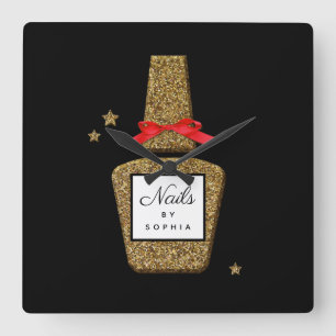 CUSTOM NAIL salon Golden glitter stylist Square Wall Clock