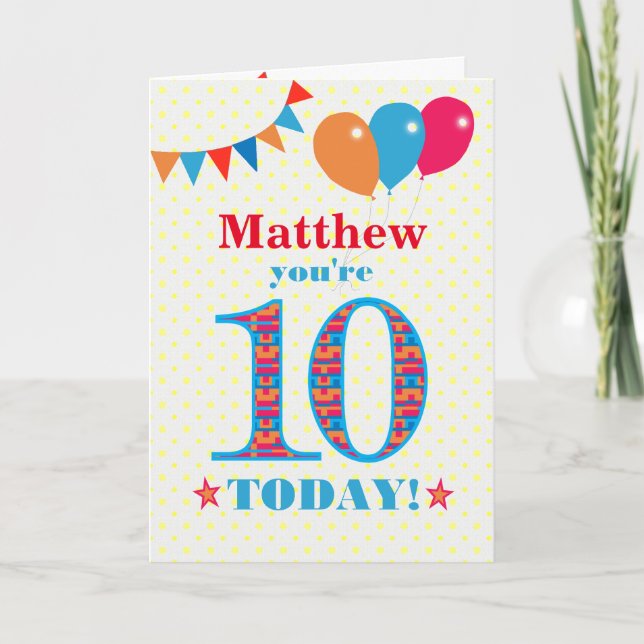 Custom Name 10th Birthday Bunting Balloons Card (Front)