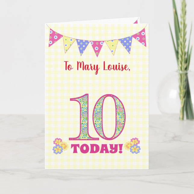 Custom Name 10th Birthday Primroses Bunting Card (Front)