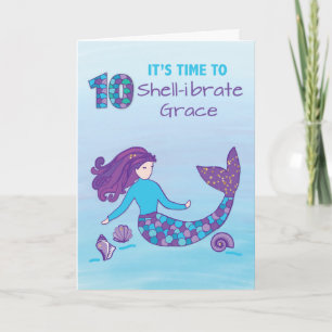 Custom Name 10th Birthday Sparkly Look Mermaid Card