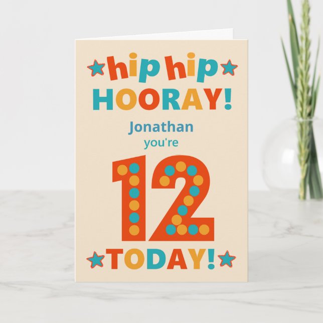 Custom Name 12th Birthday Hip Hooray Card (Front)