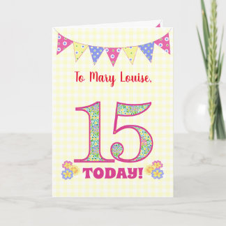 Custom Name 15th Birthday Primroses Bunting Card