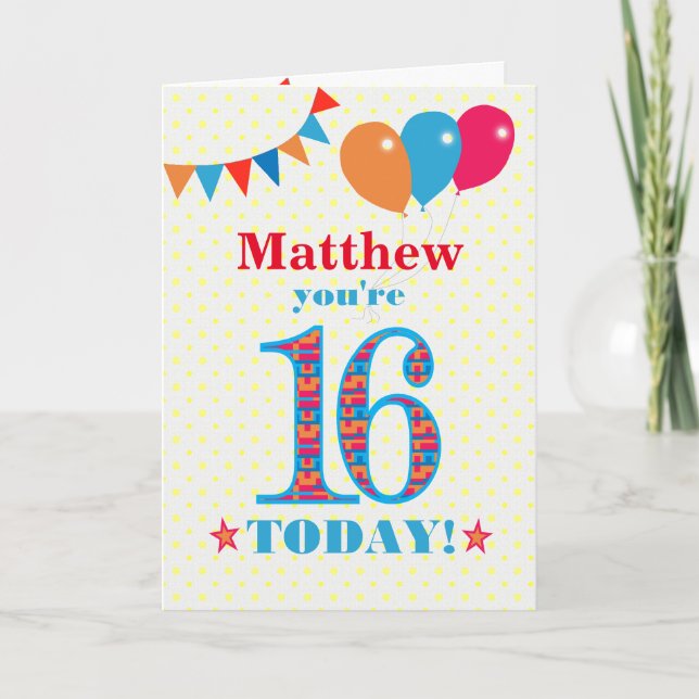 Custom Name 16th Birthday Bunting Balloons Card (Front)