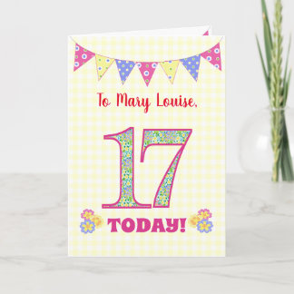 Custom Name 17th Birthday Primroses Bunting Card