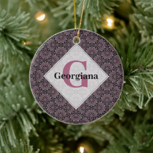 Custom Name 1920s Dusky Rose Floral Fronds Mandala Ceramic Tree Decoration