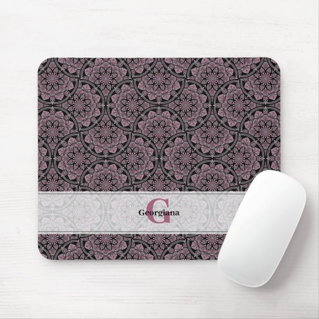 Custom Name 1920s Dusky Rose Floral Fronds Mandala Mouse Mat (With Mouse)