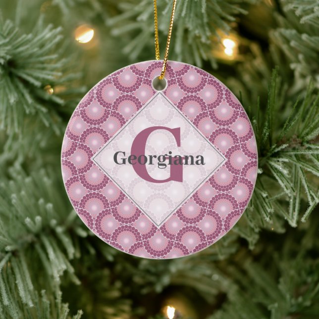 Custom Name 1920s Radiant Dusky Rose Dot Mandala Ceramic Tree Decoration (Tree)