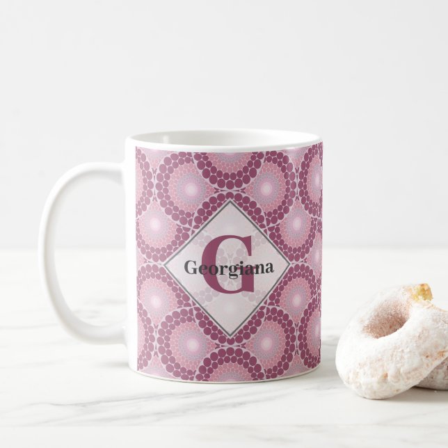 Custom Name 1920s Radiant Dusky Rose Dot Mandala Coffee Mug (With Donut)