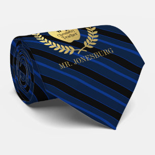Custom Name #1 Teacher Faux Gold Blue Striped Tie