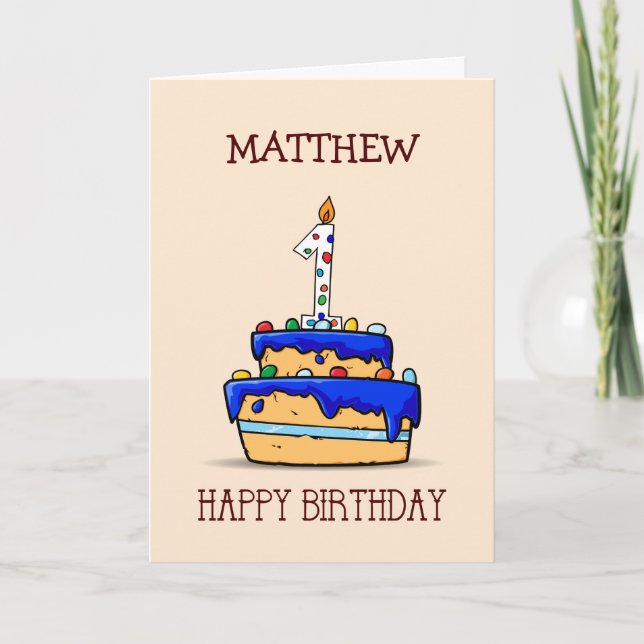 Custom Name, 1st Birthday, 1 on Sweet Blue Cake Card (Front)