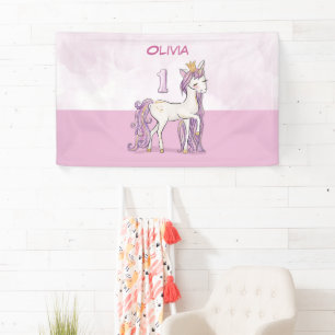 Custom Name 1st Birthday Pink Horse With Crown Banner